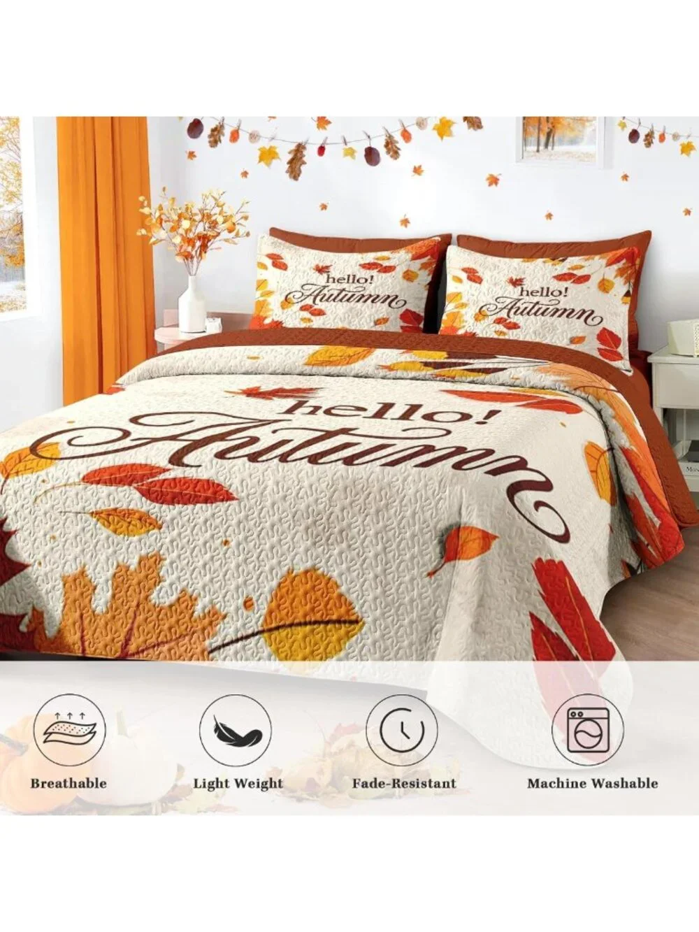 Cozy King Fall Quilt Set - 3 Piece Autumn Leaves Bedding & Bedspread